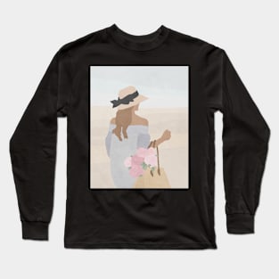 Girl with flowers, Hat, Boho style art, Mid century art Long Sleeve T-Shirt